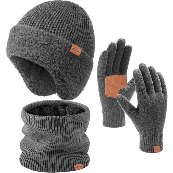 Other - Unisex Dark Grey Fleece-Lined Beanie with Earflaps, Scarf & Touchscreen Gloves